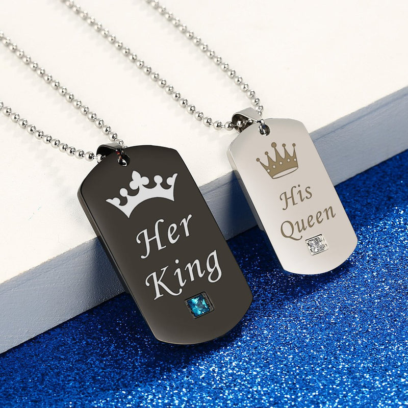 [Australia] - GAGAFEEL Couple Necklace Crown Tag Queen King & His Hers Stainless Steel Pendant Matching Set Lover Gift Silver+Black 
