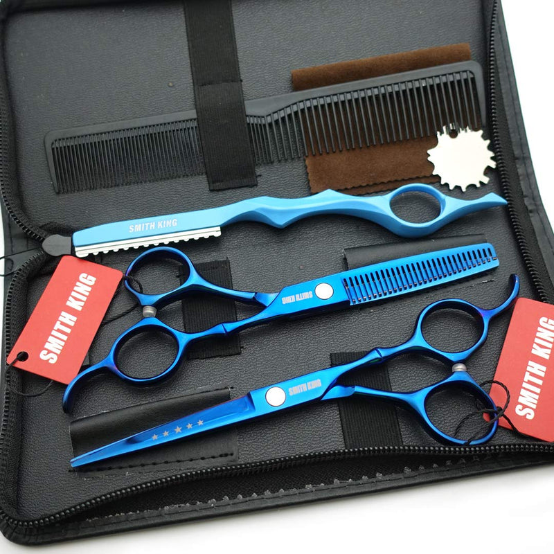 [Australia] - 6.0 inch hair scissors set hair cutting scissors & thinning scissors with razor&comb in 1 set (Blue) 