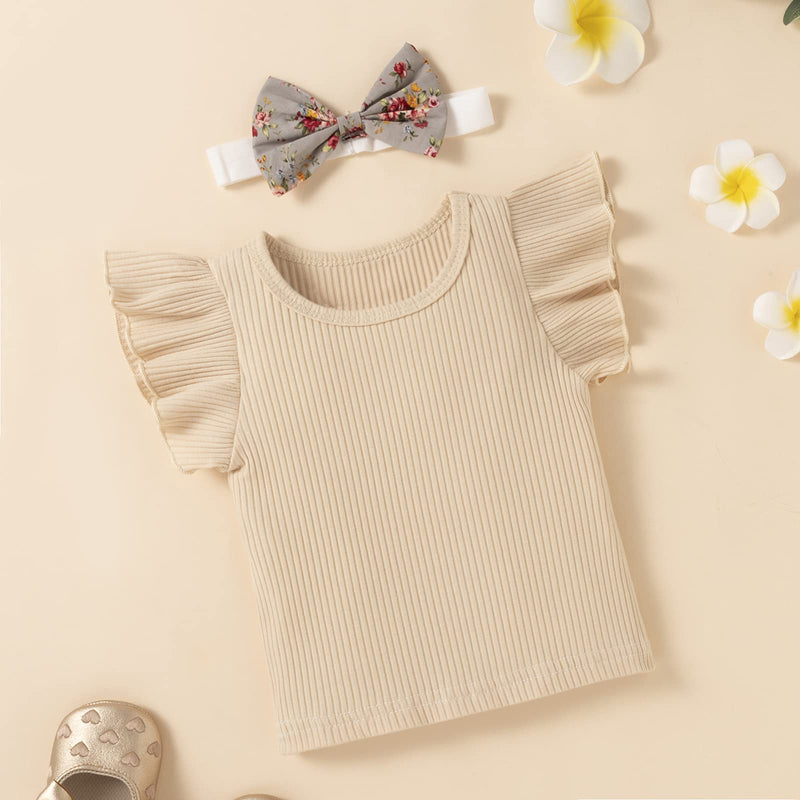 [Australia] - Newborn Infant Baby Girls Summer Clothes Sets Ruffle Sleeve Ribbed T-Shirt Floral Suspender Shorts Headband 3PCS Outfit Set Beige 0-3 Months 