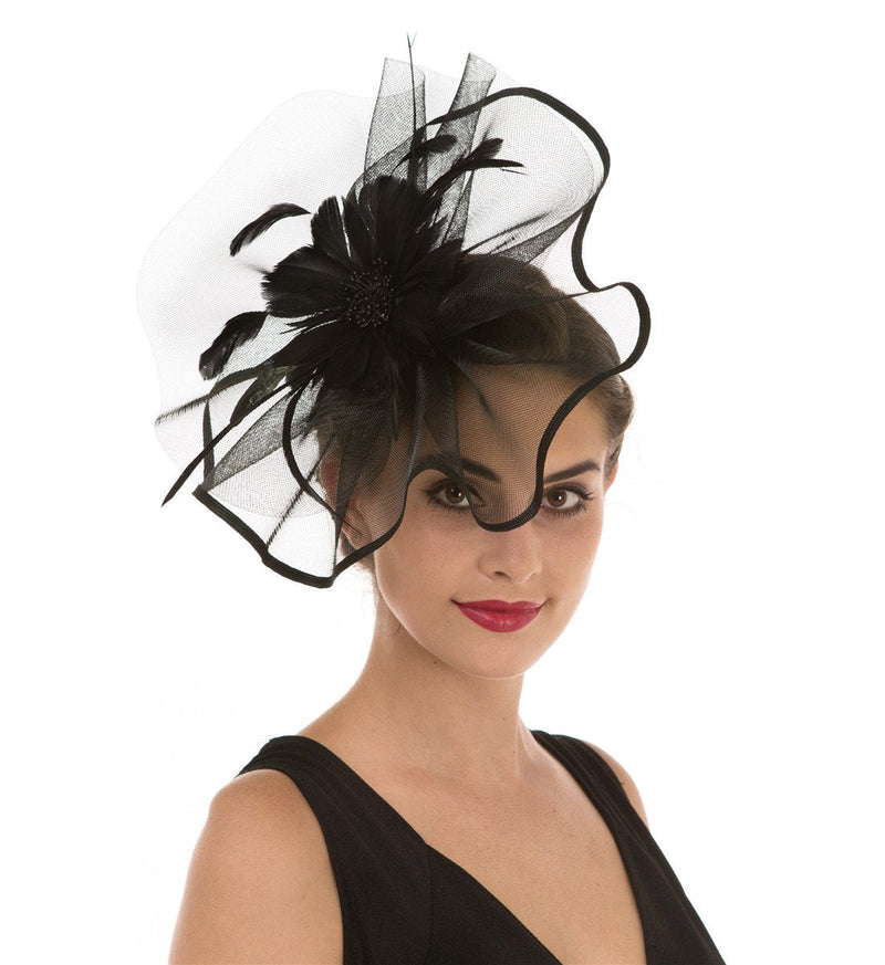 [Australia] - Fascinator Hat Feather Mesh Net Veil Party Hat Ascot Hats Flower Derby Hat with Clip and Hairband for Women A1-Large Black Mesh 