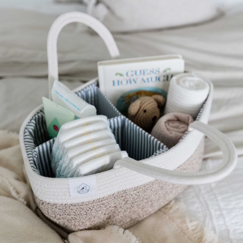 [Australia] - OrganiHaus Brown Baby Nappy Caddy Organiser | Baby Caddy for Newborn Nappies | Diaper Caddy for Baby Toiletries & Diapers | Baby Changing Basket & Nappy Organiser | Changing Caddy & Storage Organiser Brown/White 