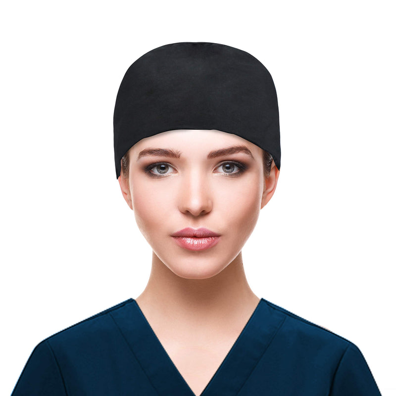 [Australia] - QBA Adjustable Working Cap with Button, Cotton Working Hat Sweatband, Elastic Bandage Tie Back Hats for Women & Men, One Size Black 