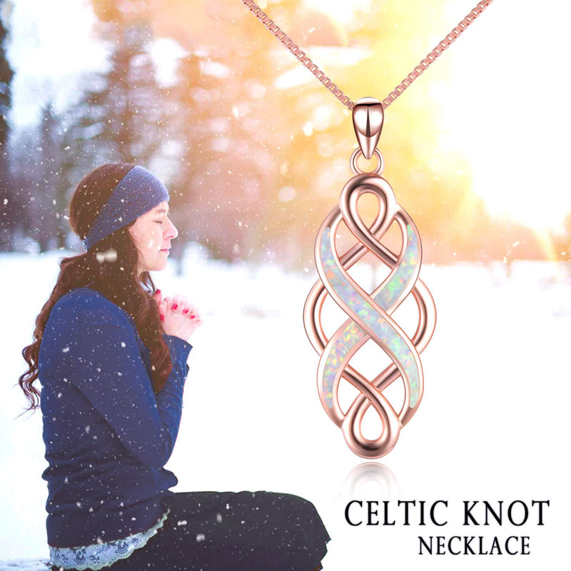 [Australia] - YFN Irish Celtic Knot Created Opal Pendant Necklace Infinity Love Sterling Silver CZ Jewelry 18" Rose Gold Celtic Necklace 