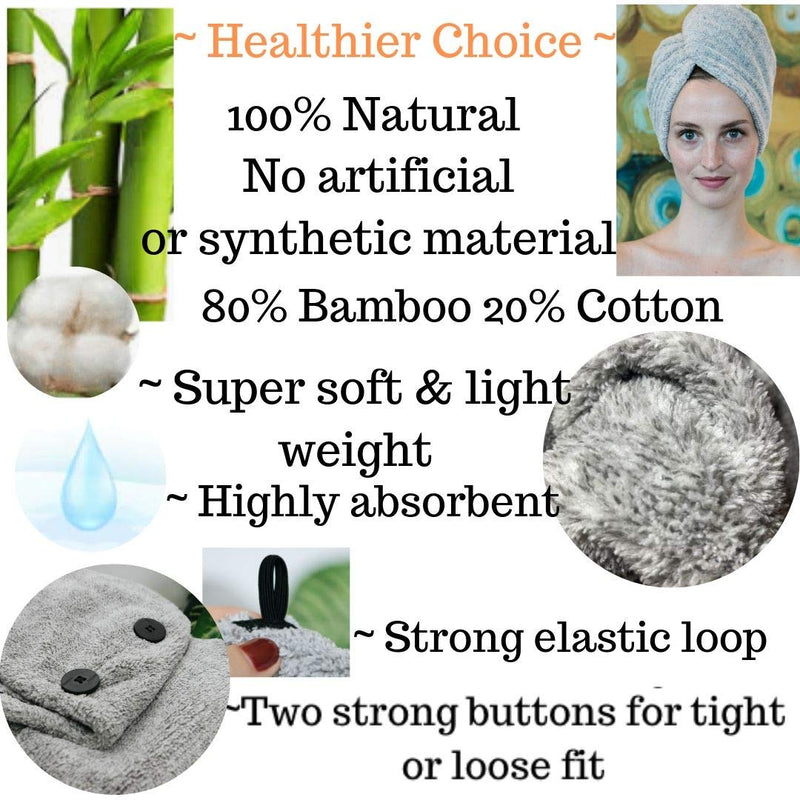 [Australia] - Zhenali Hair Drying Towel Wrap for Women. 2 Pack - Bamboo and Cotton Hair Towel for Drying Your Hair Naturally. Ultra- Soft, Super Absorbent Bath Turban for Thick, Long, Short or Curly Hair. 