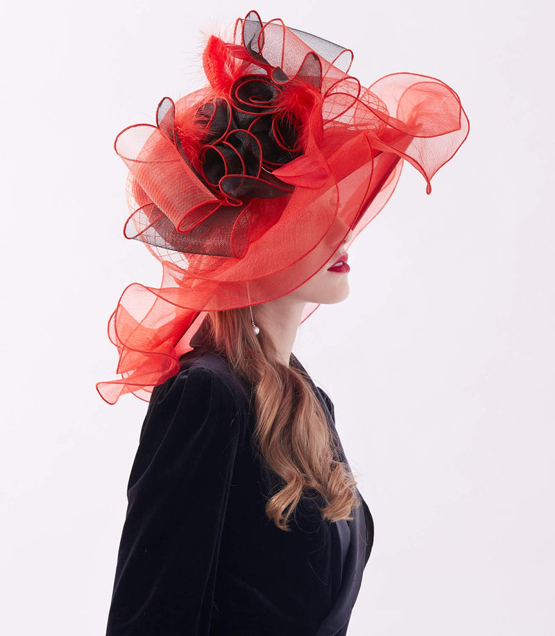 [Australia] - Z&X Women's Kentucky Derby Church Hat Organza Wide Brim Ruffle Fasciantor Hats for Wedding Tea Party with Clip, Dual-use 02d Red and Black 