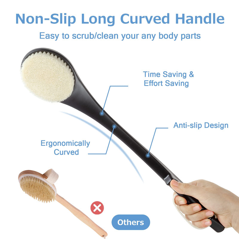 [Australia] - Body Brush Back Scrubber, 17 in Never Mold Back Brush Long Handle for Shower, Exfoliating Brush Dry Brushing Body Brush for Men Women Elderly Deep Exfoliation Soft Glowing Skin (Black) Black 