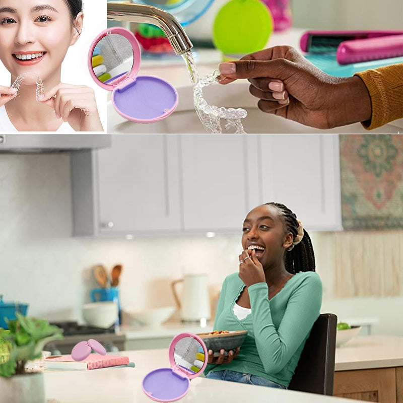 [Australia] - Retainer case, Retainer Case with Mirror, Orthodontic Denture Box with Magnetic Seal Textured Liner, Multifunctional Mouth Guard Denture Case for Retainers, Mouthguards, Braces (Pink) 