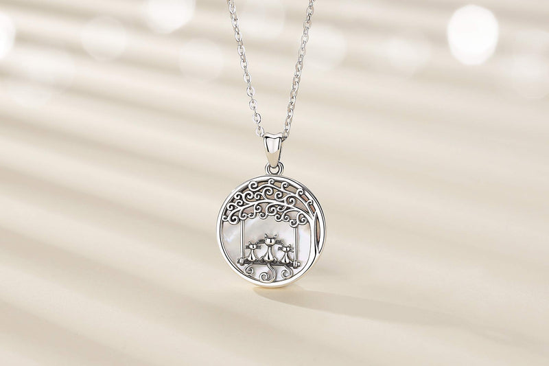 [Australia] - Eusense Sterling Silver Necklace Cat Tree of Life Pendant with Mother-of-pearl Family Spiritual Mother's Day Jewelry Gift for Mon Women Girls 