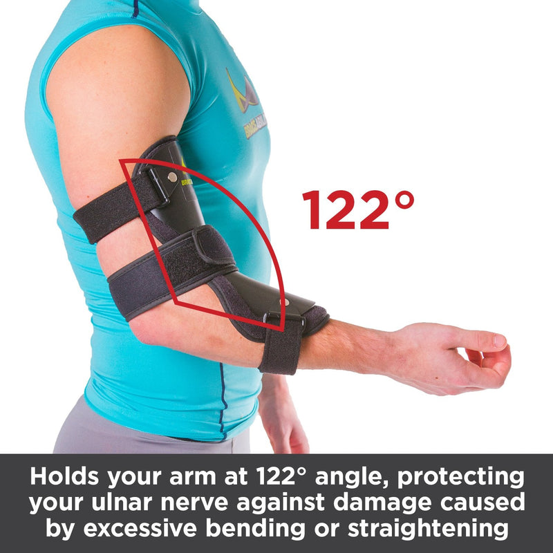 [Australia] - BraceAbility Cubital Tunnel Syndrome Elbow Brace | Splint to Treat Pain from Ulnar Nerve Entrapment, Hyperextended Elbow Prevention and Post Surgery Arm Immobilizer - M (Medium/Large) 