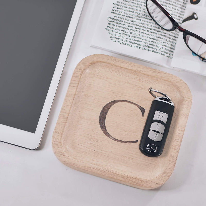 [Australia] - Solid Wood Personalized Initial Letter Jewelry Display Tray Decorative Trinket Dish Gifts For Rings Earrings Necklaces Bracelet Watch Holder (6"x6" Sq Natural "C") ุ6"x6" Sq Natural "C" 