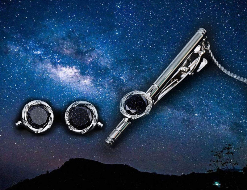 [Australia] - BagTu Crystal Galaxy Cufflinks and Tie Clip Set with Gift Box and Greeting Card, Round Dark Blue Cufflinks and Tie Clip Gift Set for Men 