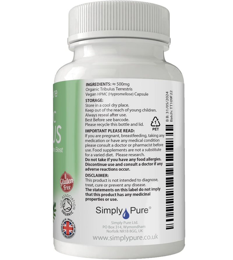 [Australia] - Simply Pure Organic Tribulus Capsules x 90, (500mg), 100% Natural Soil Association Certified, Gluten Free, GM Free and Vegan. 
