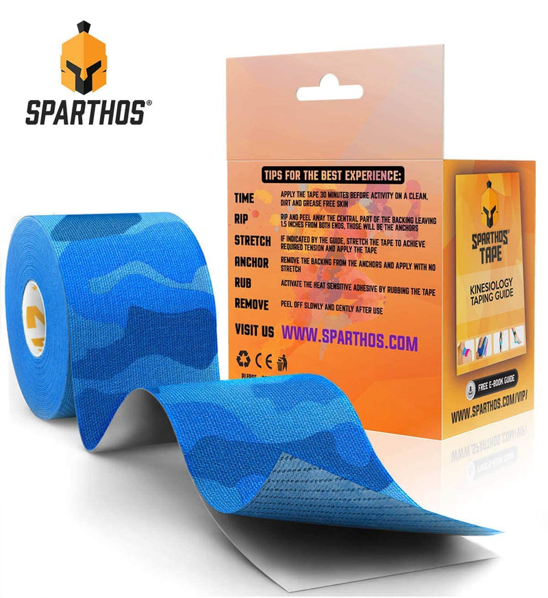 [Australia] - Sparthos Kinesiology Tape [Electric Blue Camo - 16.4ft Uncut Roll] x Ice Packs for Injuries [Size Medium + Cover] 