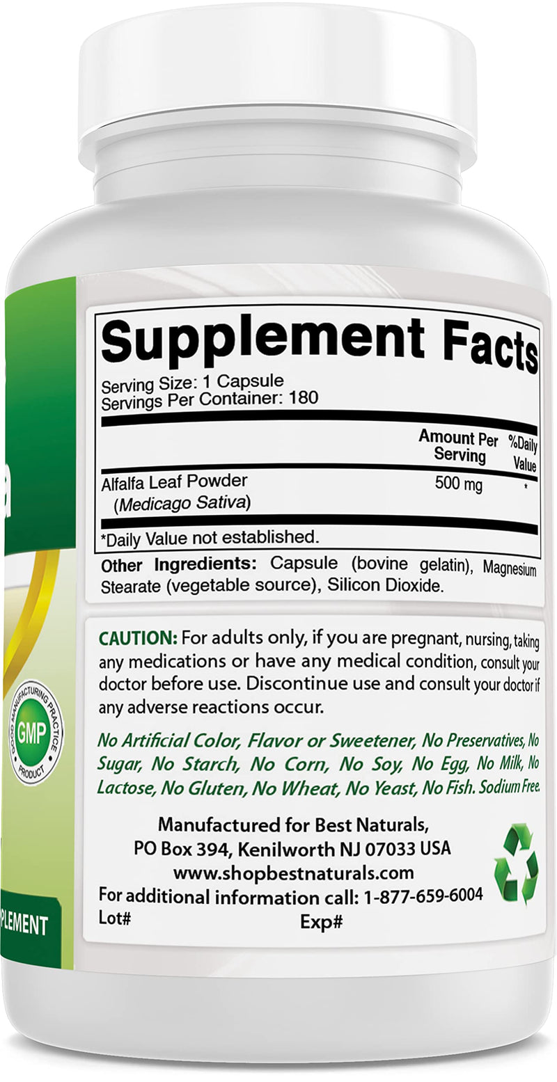 [Australia] - Best Naturals Alfalfa Green Super Food 500 mg 180 Capsules (180 Count (Pack of 1)) 180 Count (Pack of 1) 