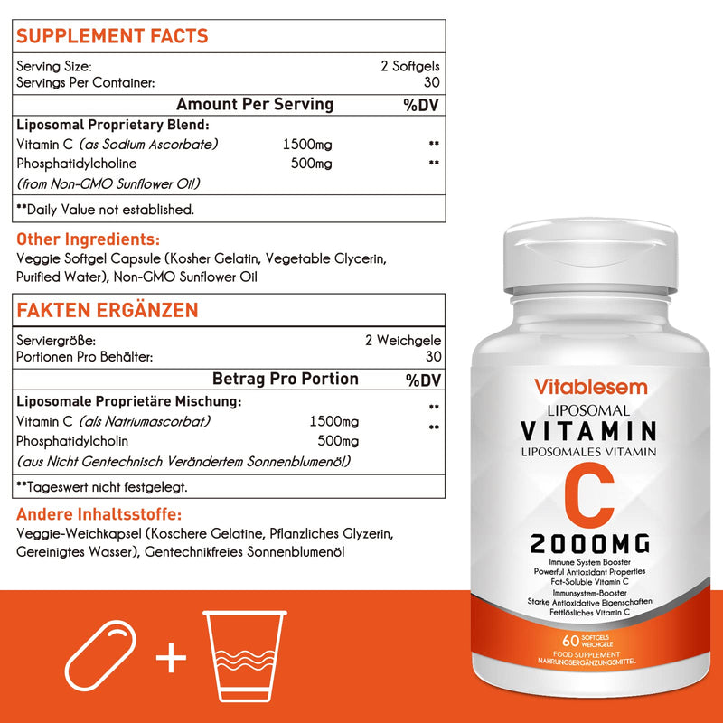 [Australia] - Liposomal Vitamin C Capsules 2000mg - High Strength Gluten Free & Vegan Ascorbic Acid - Immune Support Antioxidant Supplement - Non-GMO 60 Count (Pack of 1) 