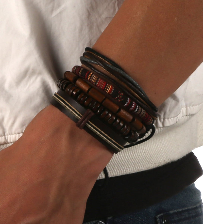 [Australia] - HZMAN Wrap Bracelets Men Women, Hemp Cords Wood Beads Ethnic Tribal Bracelets, Leather Wristbands Classic Style 