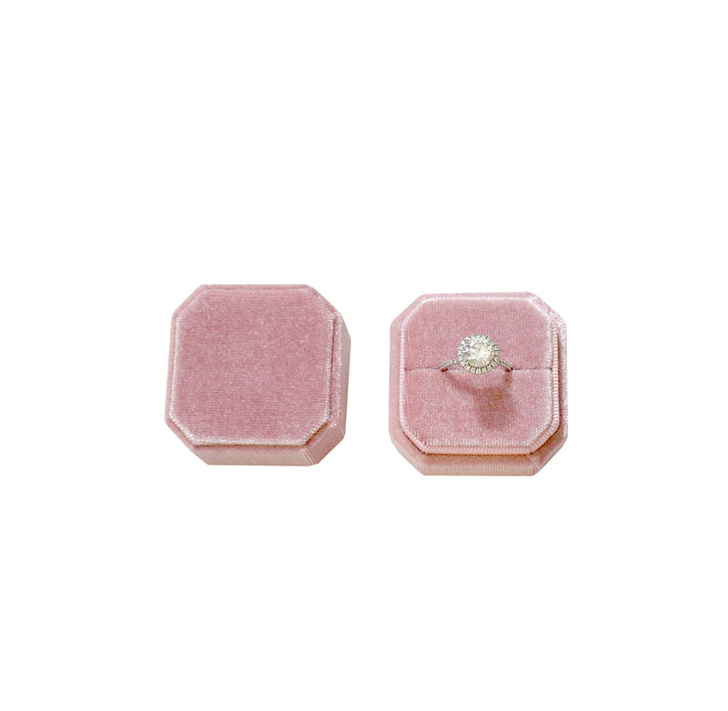 [Australia] - Flowers & Bliss Velvet Square Bevel Single Ring Box, Photography Prop, Vintage Wedding Ceremony Ring Box Detachable Lid, Engagement, Modern, Single Ring Box (Pink Bevel, Single Ring Box) Pink Bevel 