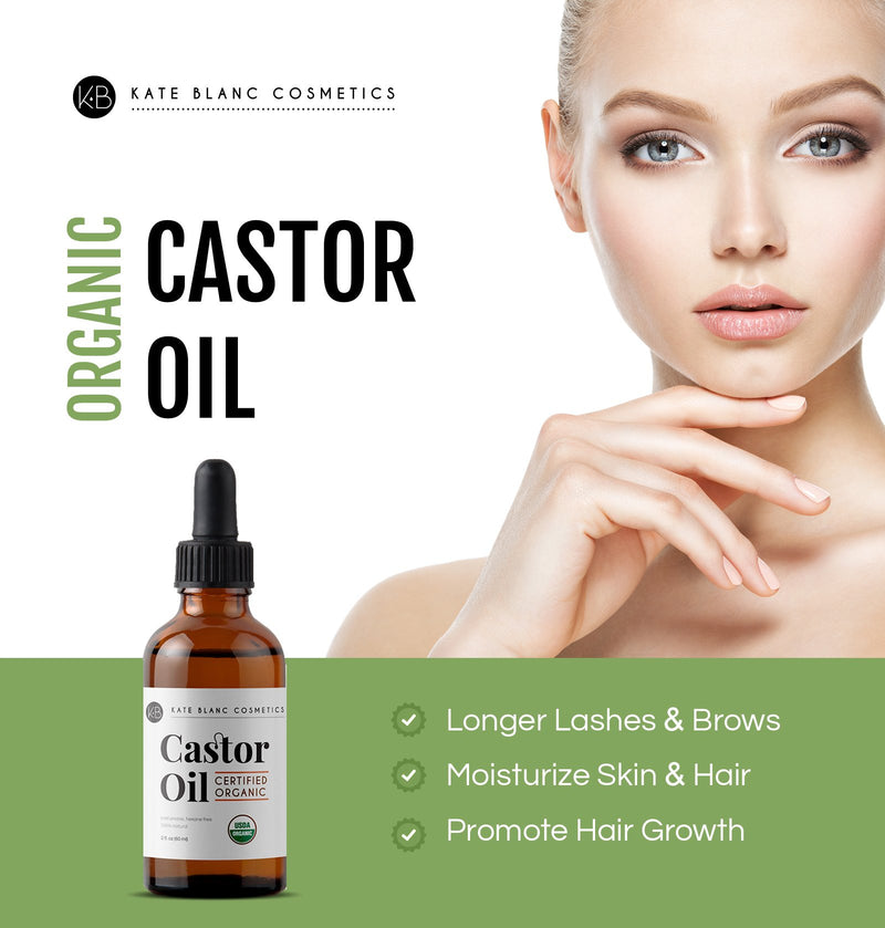 [Australia] - Organic Castor Oil (2oz), USDA Certified, 100% Pure, Cold Pressed, Hexane Free by Kate Blanc. Stimulate Growth for Eyelashes, Eyebrows, Hair. Skin Moisturizer & Oil Cleanse with Starter Kit 2 Fl Oz (Pack of 1) 