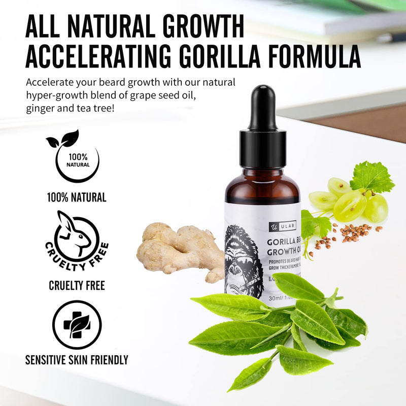 [Australia] - uLab Gorilla Beard Oil for Hair Growth, Mens Natural Daily Hair Growth Oil Formula for Beards and Facial Hair, 30ml 
