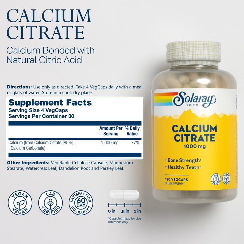 [Australia] - Solaray Calcium Citrate 1000mg, Chelated Calcium Supplement for Bone Strength, Healthy Teeth & Nerve, Muscle & Heart Function Support, Easy to Digest, 60-Day Guarantee, Vegan, 30 Servings, 120 VegCaps 120 Count (Pack of 1) 