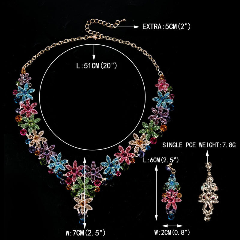 [Australia] - EVER FAITH Austrian Crystal Enamel Party Flower Cluster Drop Necklace Earrings Set Multicolor Gold-Tone 