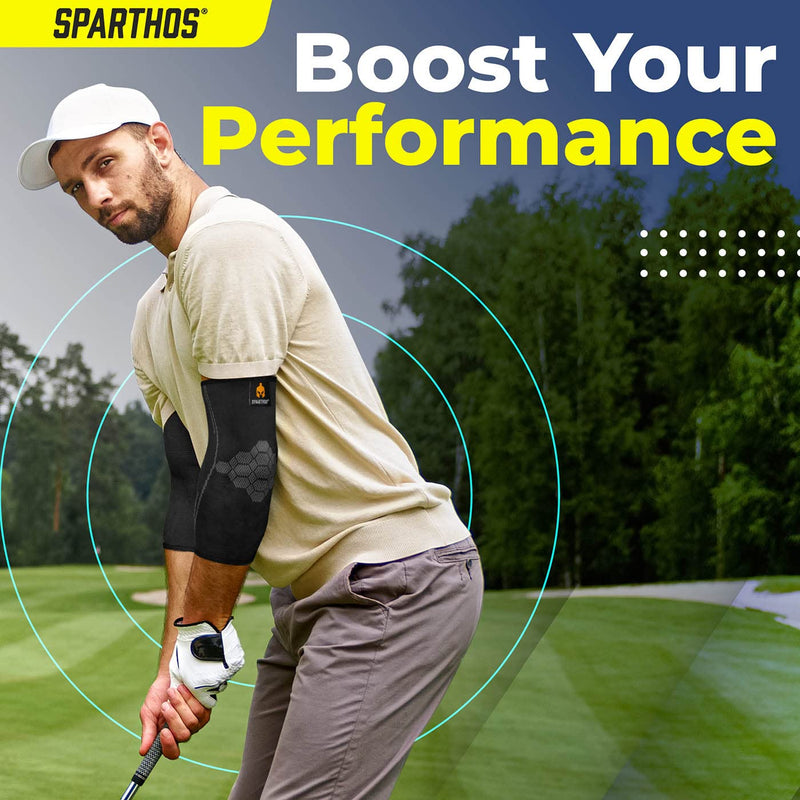[Australia] - Sparthos Elbow Compression Sleeves (Pair) – Tennis and Golfer's Elbow Support – Elbow Brace for Men and Women – Made from Innovative Breathable Elastic Blend Small Midnight Black 
