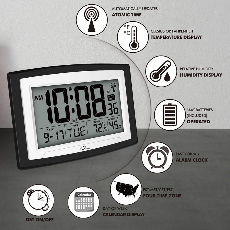 [Australia] - WallarGe Atomic Clock with Indoor Temperature and Humidity,Self-Setting Digital Wall Clock or Desk Clock,Battery Operated Alarm Days Digital Clock Large Display for Seniors,Auto DST. Black 