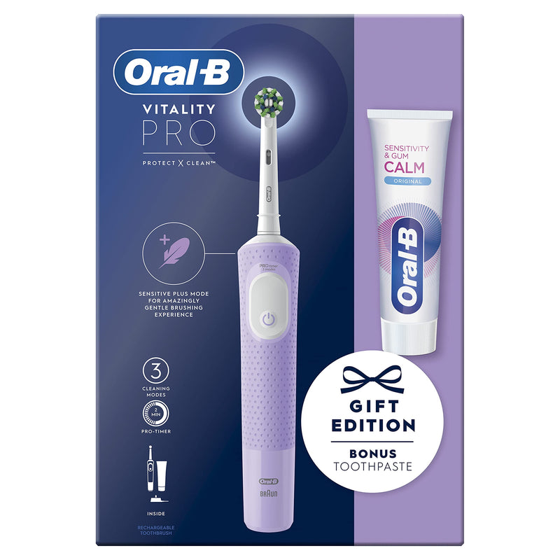 [Australia] - Oral-B Vitality Pro Electric Toothbrush, 1 Handle, 1 Toothbrush Head, 3 Brushing Modes Including Sensitive Plus + Sensitivity & Gum Calm Toothpaste, 2 Pin UK Plug, Purple New Pro Lilac Paste 