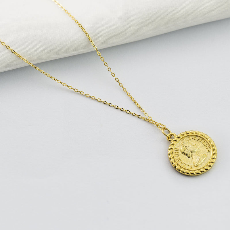 [Australia] - CISHOP Treasure Vintage 18K Special Coin Necklace Sterling Silver Disc Round Circle Pendant Necklace B-Gold Elizabeth Cable Chain 