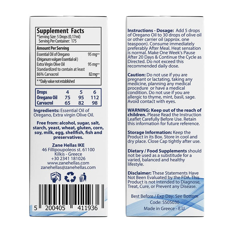 [Australia] - Zane Hellas 50% Oregano Oil. Greek Essential Oil of Oregano .86% Min Carvacrol. 82mg Carvacrol Per Serving. Probably the Best Oregano Oil in The World. 1 fl. oz.- 30ml. 