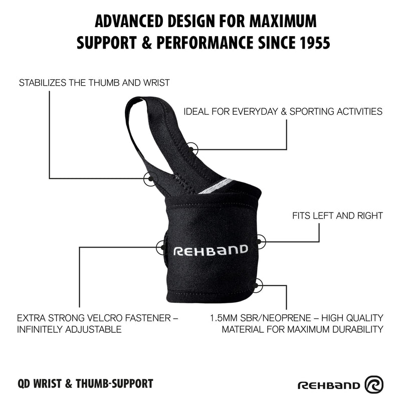 [Australia] - Rehband QD Wrist Strap, Wrist Brace with Thumb Loop, Neoprene Wrist Support for Left and Right, Colour: Black, Size: One Size 