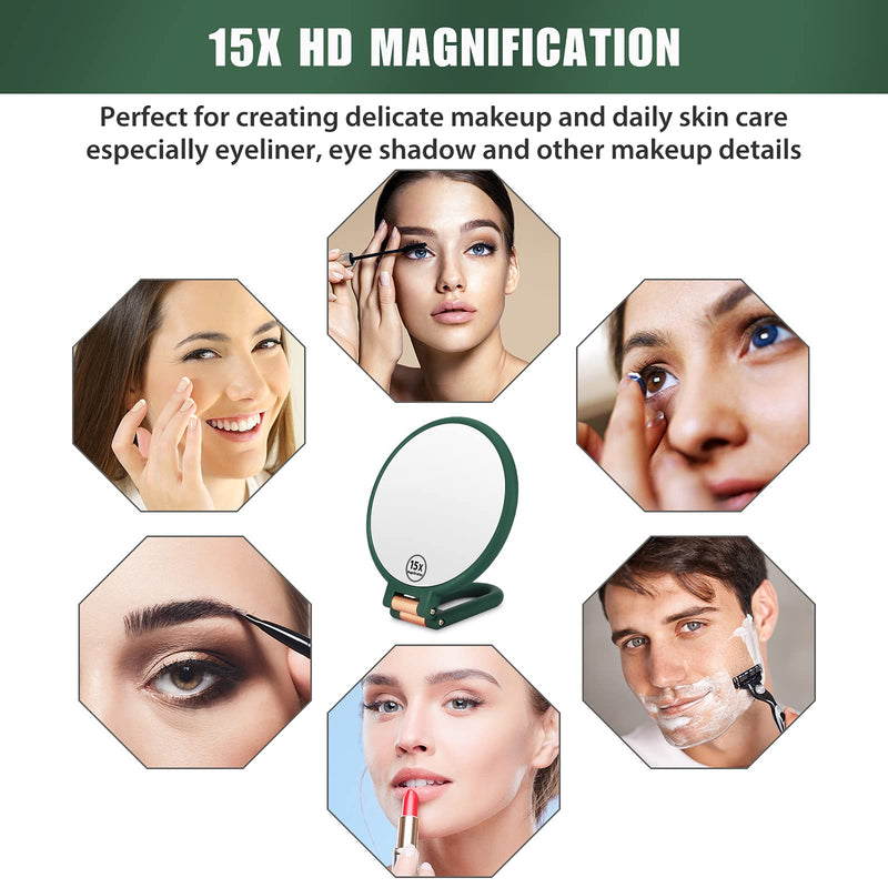 [Australia] - Linkstyle Makeup Mirror Double Sided, 1x 15x Magnifying Hand Held Mirror with 360° Folding Handle, Hanging Beauty Vanity Mirror, Portable Small Travel Mirror for Girl Women - Green 