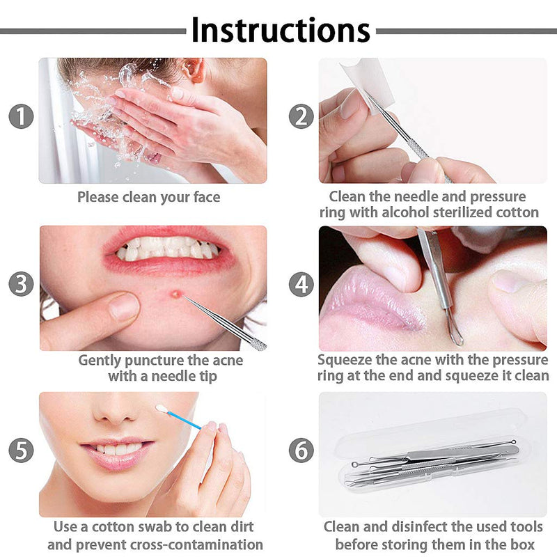 [Australia] - 5PCS Blackhead Remover Tool Set Acne Extractor Comedone Pimples Spot and Zit Removal Tool With Case (Silver) Silver 