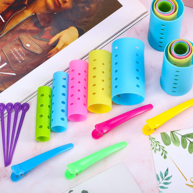 [Australia] - 141 Pieces Magnetic Hair Rollers Set Include 60 Plastic Hair Rollers for Medium Short Long Hair with 60 Pins, 20 Duck Teeth Hair Clips and Hairnet Hairdressing Tool, Random Color (6 Sizes) 