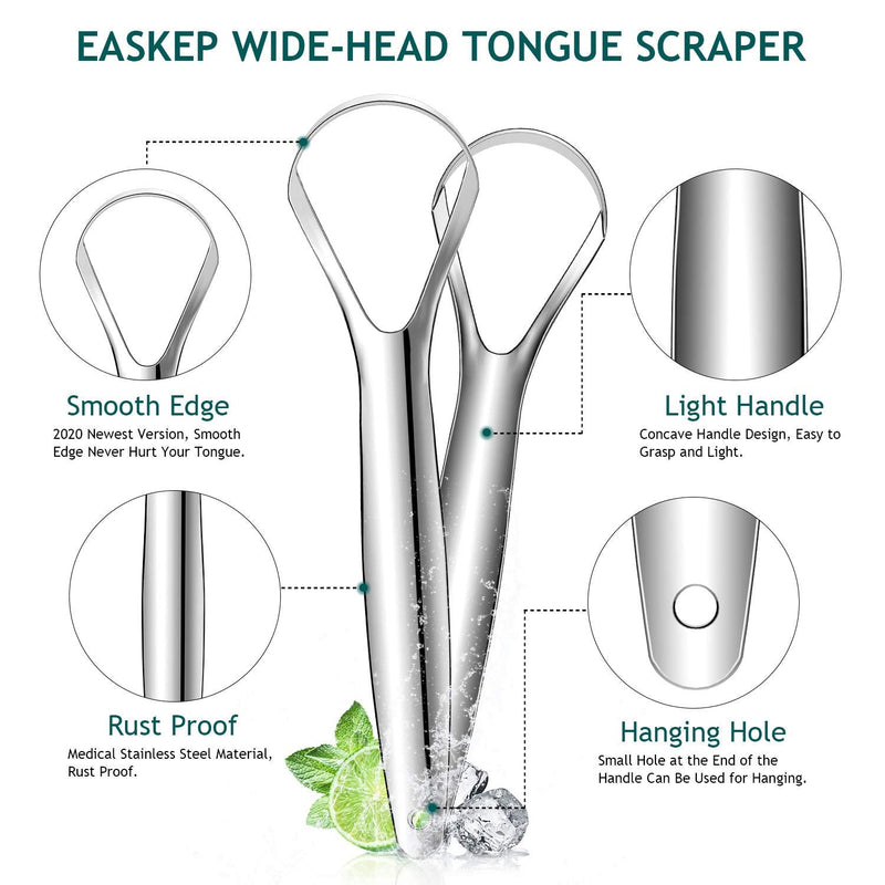 [Australia] - Tongue Scraper (2 Pack), Wide-head Tongue Cleaner with Nice Carrying Box, Easkep 100% Stainless Steel Tongue Scrapers Cleaners, for Men, Women, Adults, Kids, silver 