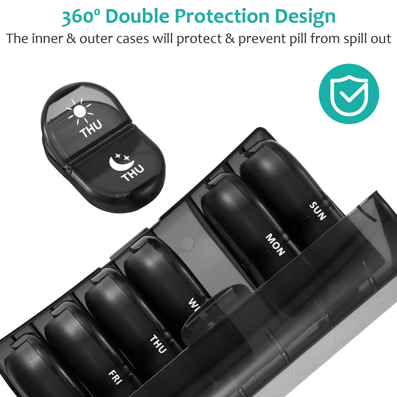 [Australia] - Fullicon Pill Box Organiser 2 Times A Day, Portable 7 Day Pill Boxes, Tablet Organiser with Large Compartments for Medicine, Medication, Vitamin, Supplement and Fish Oil Supplements (Black) B - Black 
