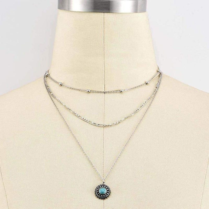 [Australia] - Jozape Boho Layered Necklace Silver Turquoise Pendant Necklace Beaded Necklace Jewelry Chain for Women and Girls 