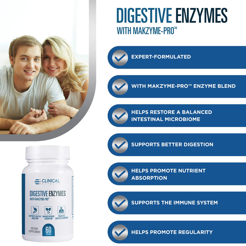[Australia] - Clinical Effects Digestive Enzymes with Makzyme-Pro - Gut Health Enzyme and Probiotic Supplement to Support Digestion, Nutrient Absorption, Digestive Comfort - 60 Vegan Supplement Capsules - USA Made 
