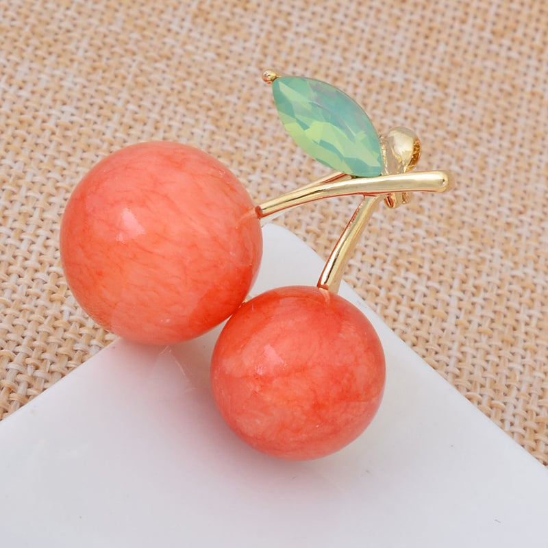 [Australia] - Fenni Cute Red Natural Gemstone Cherry Brooch Pin Crystal CZ Leaf Lapel Pin Party Holiday Jewelry Coral 