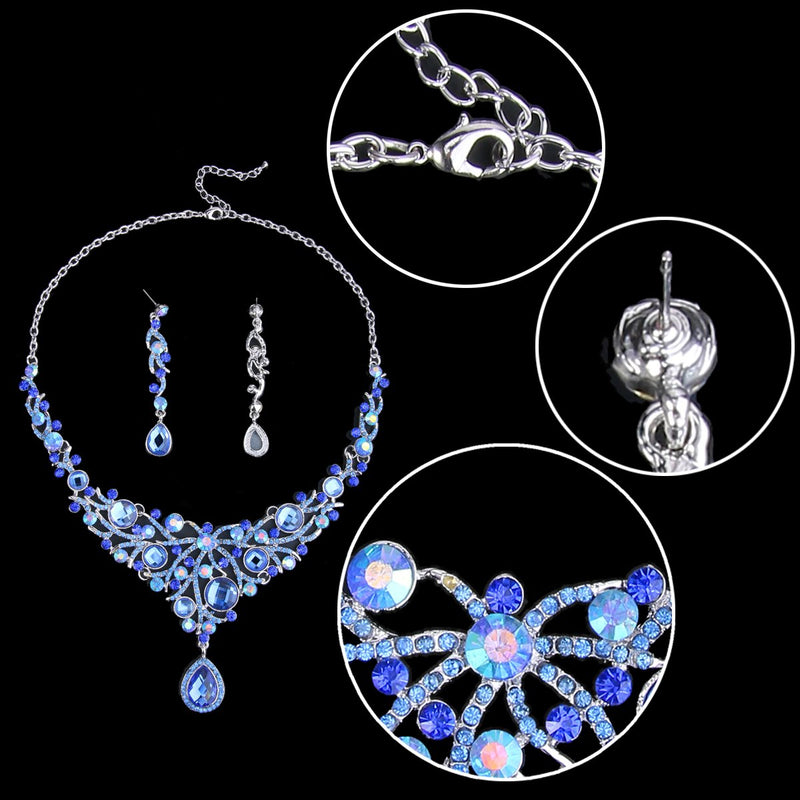 [Australia] - EVER FAITH Deluxe Teardrop Austrian Crystal Pendant Necklace Earrings Set Silver-Tone Blue 