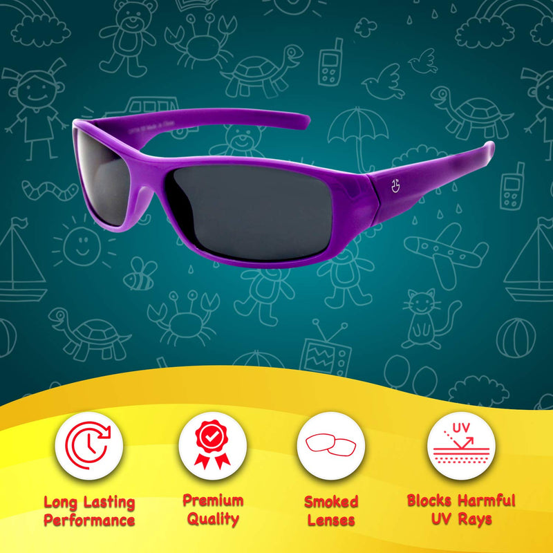 [Australia] - Kids Sunglasses Boys & Girls (2 pack) Wrap Around Sports Sunglasses, Non Polarized Smoked Lenses Neon Purple - 2 Pack Grey 