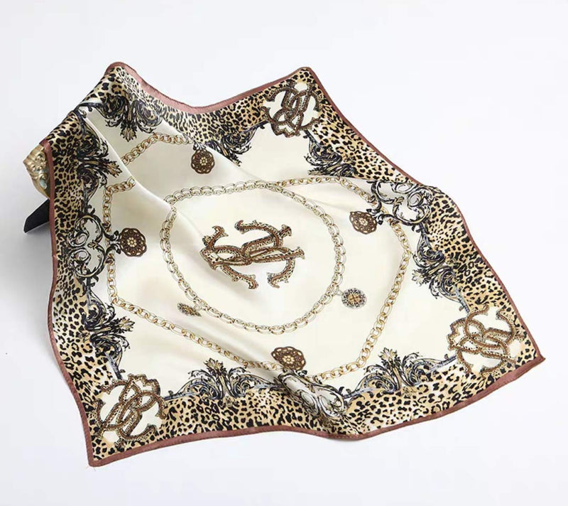 [Australia] - 100% Real Mulberry Silk Scarf -21'' x 21''- Lightweight Neckerchief –Women Men Small Square Digital Printed Scarves Beige Leopard 