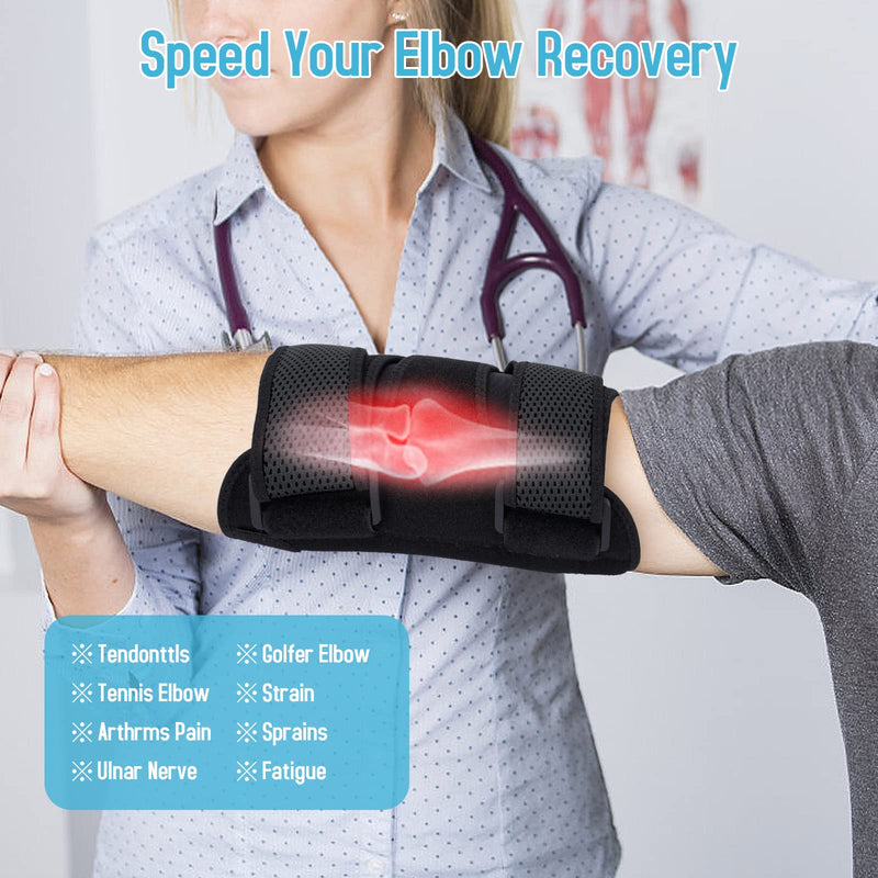 [Australia] - GINTRON Elbow Brace 2022,Comfortable Night Elbow Support for Sleep Elbow Splint, Adjustable Elbow Stabilizer with 2 Removable Metal Splints for Cubital Tunnel Syndrome,Tendonitis,Ulnar Nerve,Tennis Black 