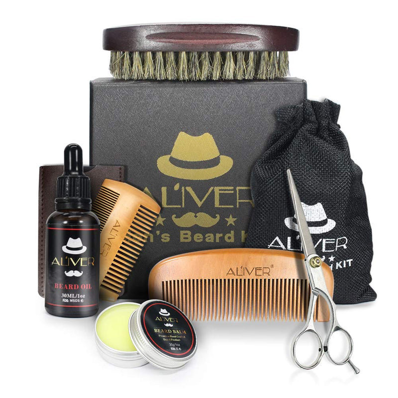 [Australia] - Upgraded Beard Growth Grooming & Trimming Care Kit for Men 6 PCs with Beard Brush, Beard Comb, Organic Beard Oil(30ml), Mustache Balm(30g), Professional Mustache Scissors for Styling Shaping & Growth 