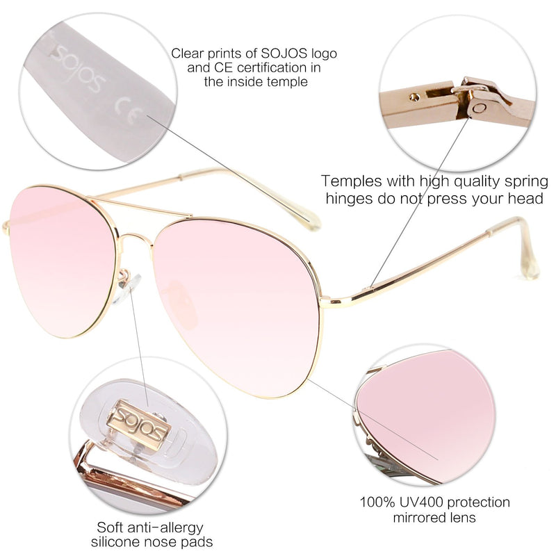 [Australia] - SOJOS Classic Aviator Sunglasses for Women Men Mirrored UV400 Lens Vintage Metal Frame SJ1030 0c3 Gold Frame/Pink Mirrored Lens 56 Millimeters 