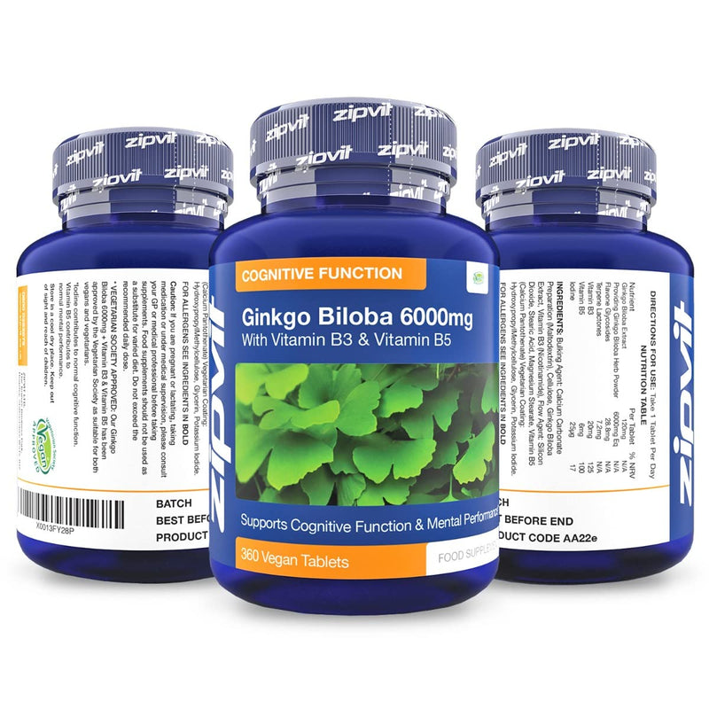 [Australia] - Ginkgo Biloba 6000mg Standardised Leaf Extract, 360 Vegan Tablets with Vitamin B3 and B5. Vegetarian Society Approved. UK Manufactured. 12 Months Supply. 