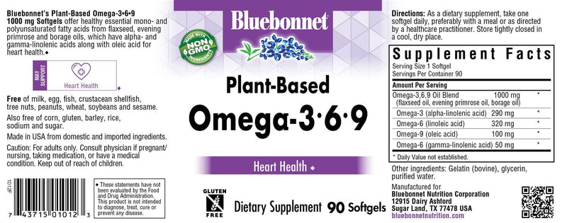 [Australia] - BlueBonnet Plant Based Omega 3-6-9 Softgels, 1000 mg, 90 Count, White 