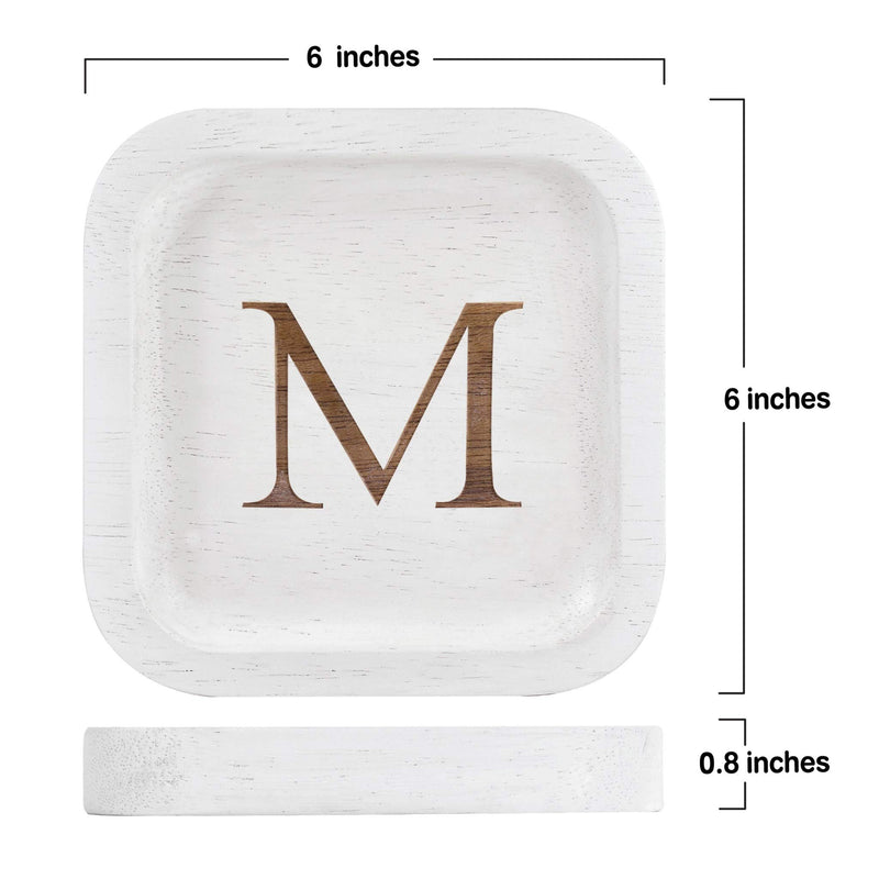 [Australia] - Solid Wood Personalized Initial Letter Jewelry Display Tray Decorative Trinket Dish Gifts For Rings Earrings Necklaces Bracelet Watch Holder (6"x6" Sq White "M") 6"x6" Sq White "M" 