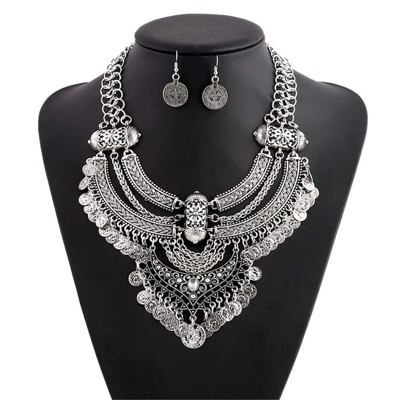 [Australia] - LZHLQ Fashion Bib Necklace for girl Bohemian Coin Statement Necklace and earrings Punk Ethnic Style Jewelry Set for Women Silver 