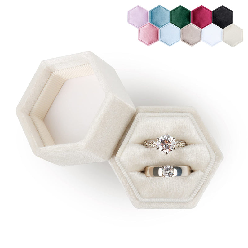 [Australia] - DesignSter Hexagon Velvet Ring Bearer Box - Premium Gorgeous Vintage Double Ring Display Holder with Detachable Lid for Proposal, Engagement, Wedding, Ceremony (Beige) Beige 